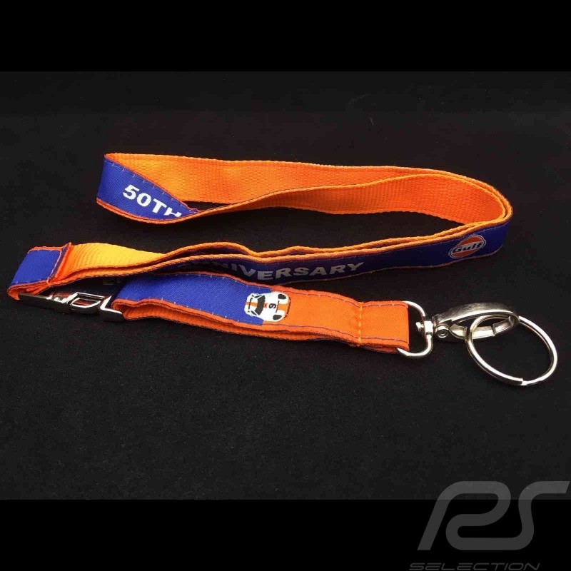 Porte clé  Gulf 50ème anniversaire 50th Anniversary  ruban tour de cou fixation chrome orange et bleu lanyard key strap Schlüsse