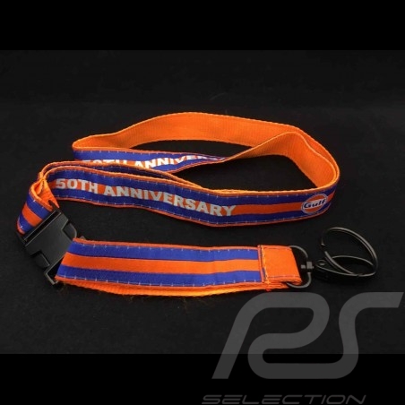 Porte clé  Gulf 50ème anniversaire 50th Anniversary ruban tour de cou fixation noire orange et bleu lanyard key strap Schlüsselr