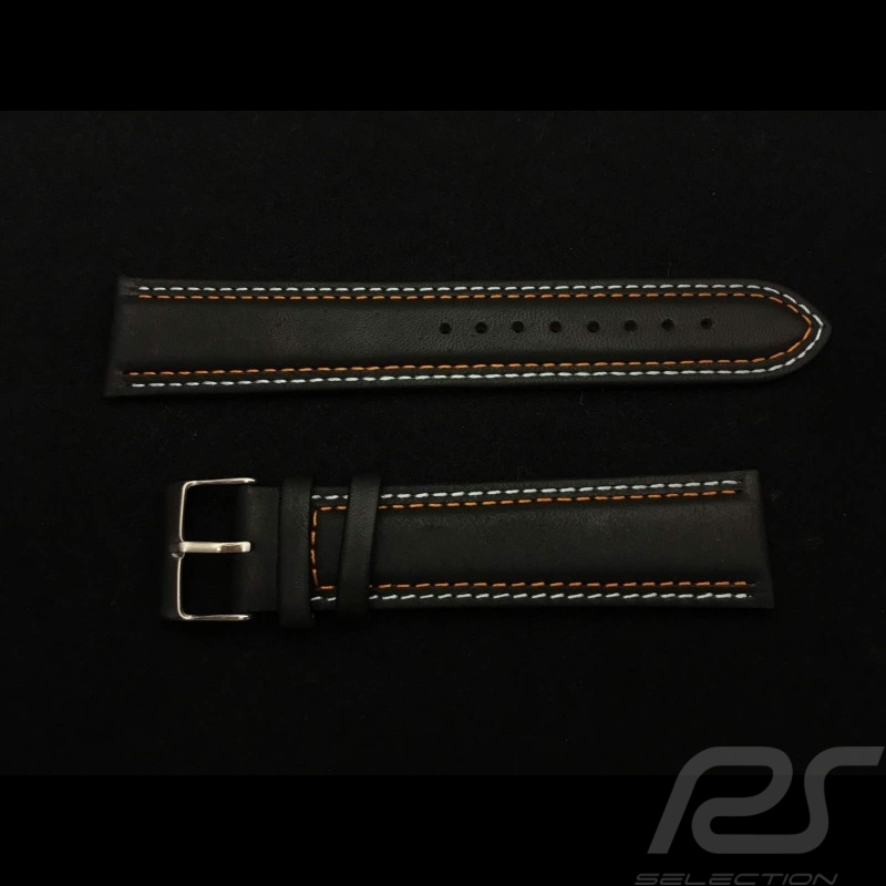 Watch strap Racing team black leather / Gulf blue and orange stitching