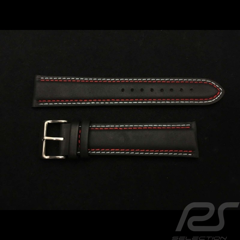 Bracelet de montre Racing Team cuir noir / surpiqures rouge Martini et bleu Watch strap Uhrenarmband 