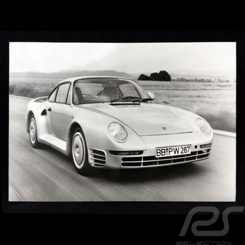 Photo Porsche 959 3/4 avant 1986 noir et blanc black white schwarz weiß