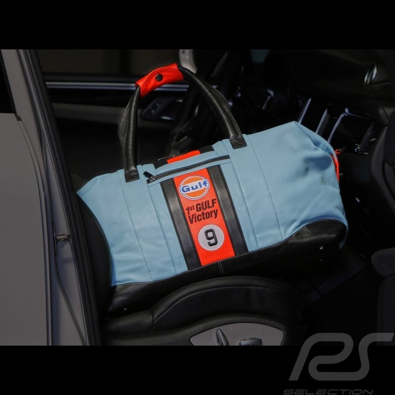 Sac de voyage Gulf Racing victoire Le Mans 1968 cuir bleu / orange / noir Travel bag Reisetasche victory Sieg
