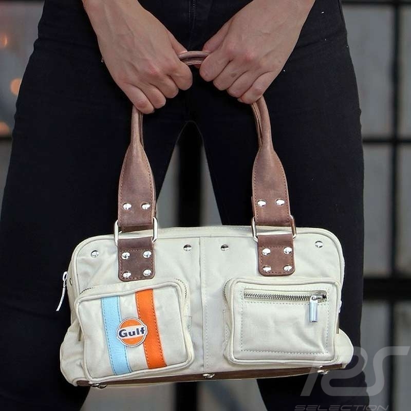 Sac à main Gulf vintage quatre poches beige coton / cuir handbag handetasche