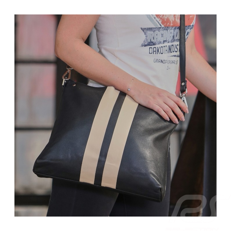 Sac à main vintage racing cuir bandes viper noir / beige handbag handetasche