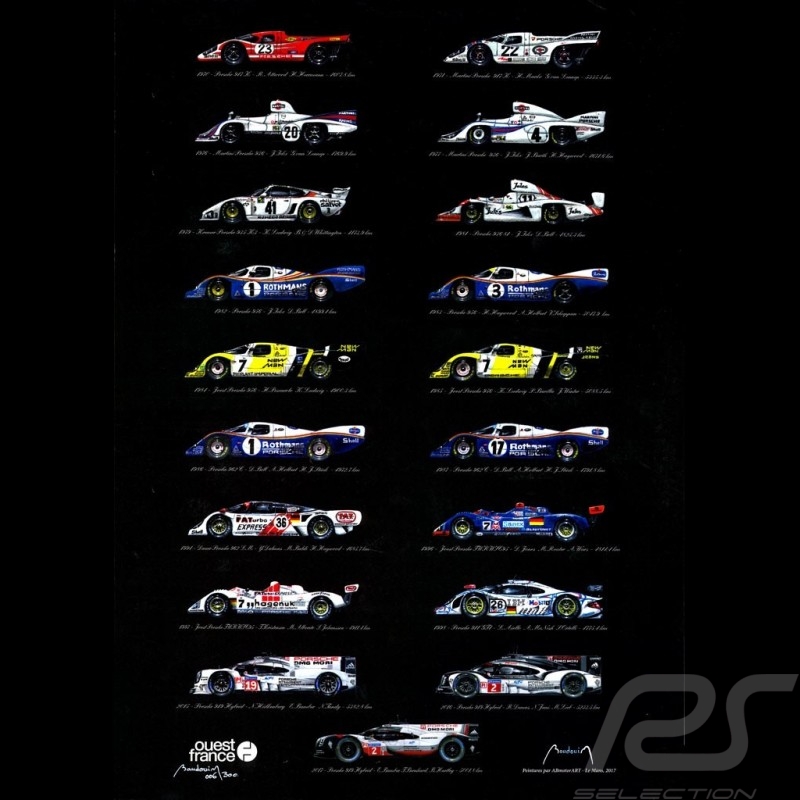Poster Porsche Vainqueurs Le Mans Edition 19 victoires 50 x 70 oeuvre originale de Alain Baudouin