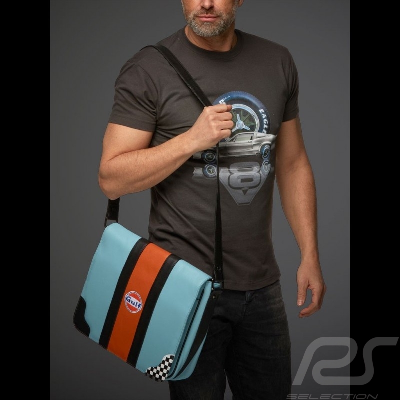 Gulf Messenger bag blue leather checkered flag