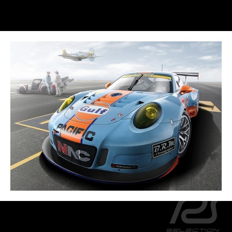 Poster Plakat Porsche 997 GT3 RSR Gulf Racing sur tarmac auf Asphalt 29.7cm x 42cm