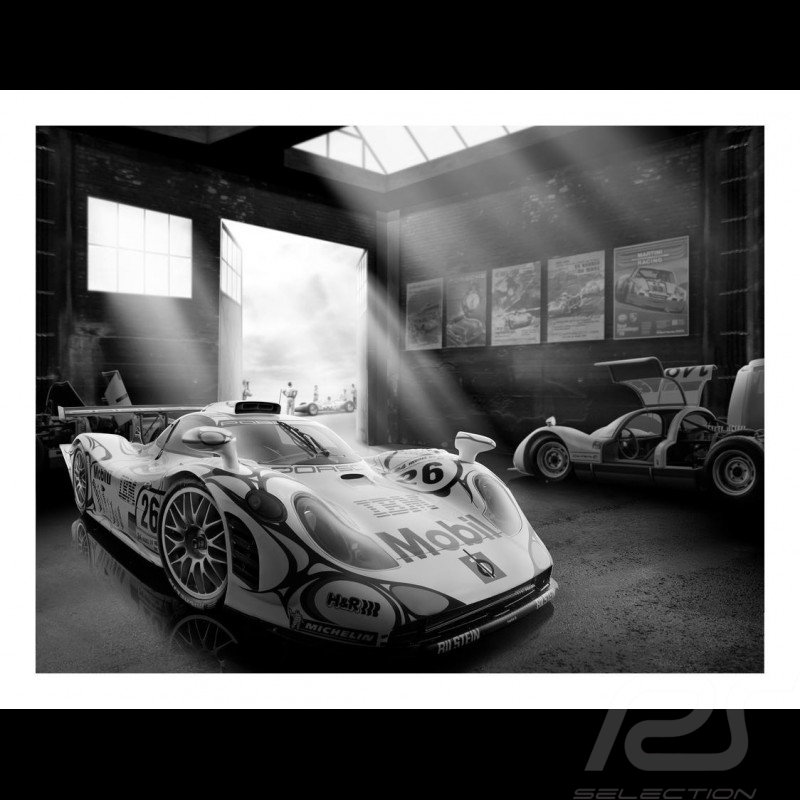 Schwarz und Weiß Porsche 911 GT1 und Porsche Carrera 6 plakat 29.7cm x 42cm