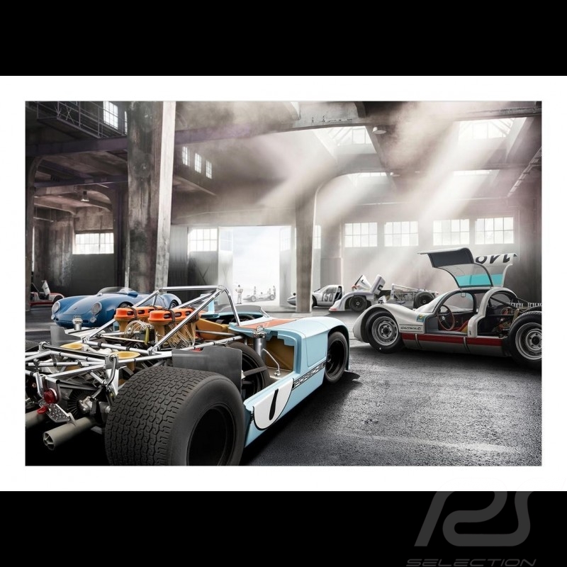 Garage mit Porsche 908 /03, 906, 904 und Porsche 550 plakat 29.7cm x 42cm Garage mit Porsche 908 /03, 906, 904 und Porsche 550 plakat 29.7cm x 42cm