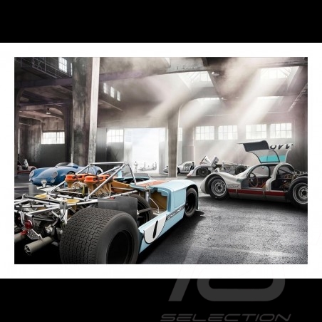 Garage mit Porsche 908 /03, 906, 904 und Porsche 550 plakat 83.8cm x 59cm