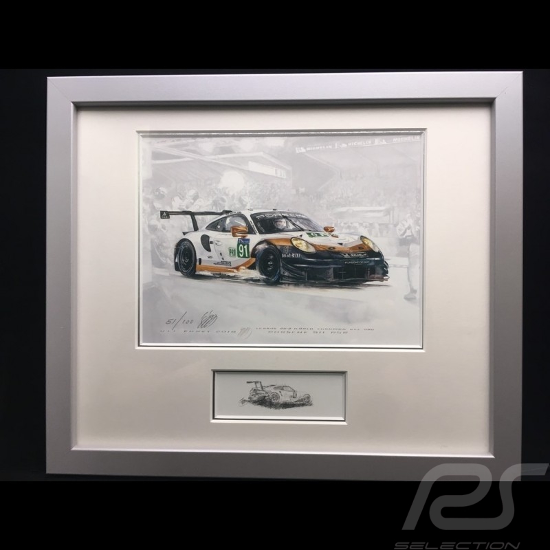 Porsche 991 GT3 RSR n° 91 Le Mans 2019 wood frame aluminum with black and white sketch Limited edition Uli Ehret - 804 91