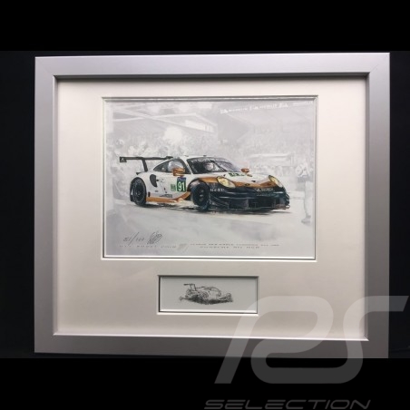 Porsche 991 GT3 RSR n° 91 Le Mans 2019 wood frame aluminum with black and white sketch Limited edition Uli Ehret - 804 91