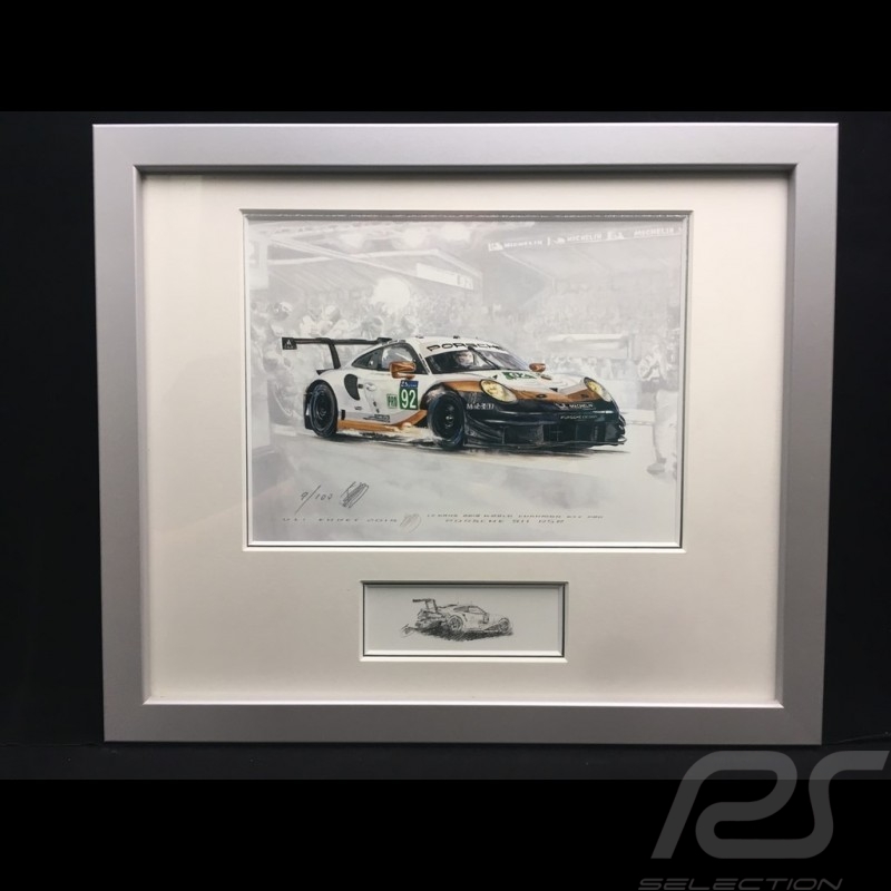 Porsche 991 GT3 RSR n° 92 Le Mans 2019 wood frame aluminum with black and white sketch Limited edition Uli Ehret - 804 92