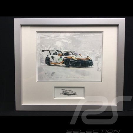 Porsche 991 GT3 RSR n° 92 Le Mans 2019 Aluminium Rahmen mit Schwarz-Weiß Skizze Limitierte Auflage Uli Ehret - 804 92