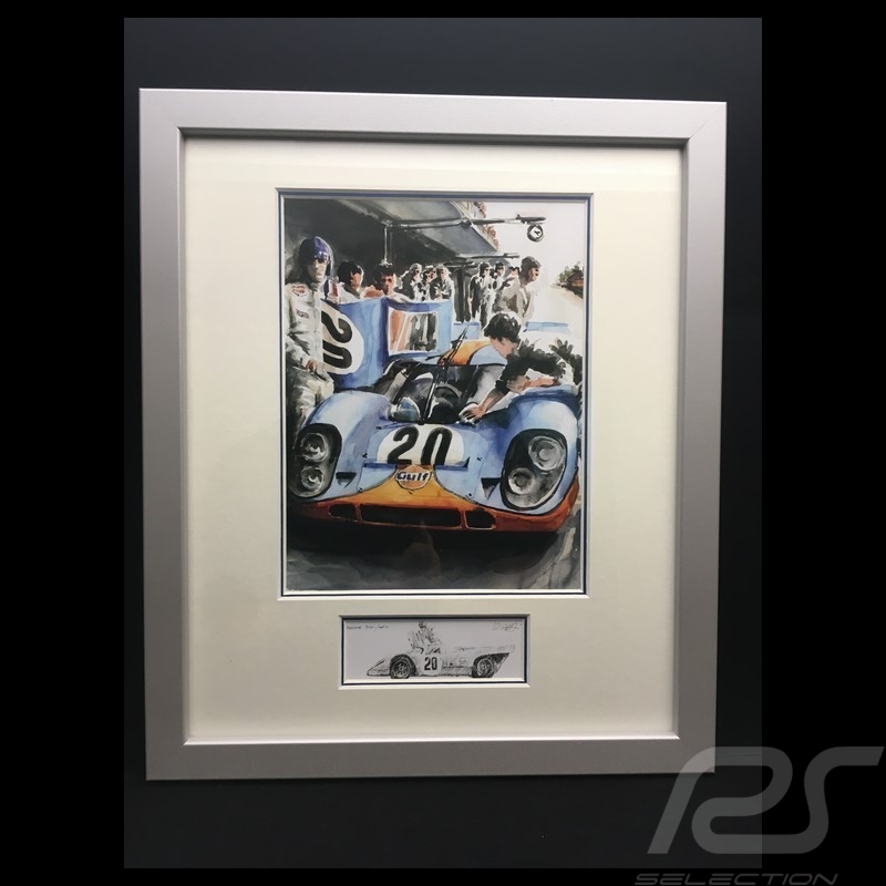 Porsche 917 K Gulf n° 20 Mc Queen Le Mans 1970 Aluminium Rahmen mit Schwarz-Weiß Skizze Limitierte Auflage Uli Ehret - 324