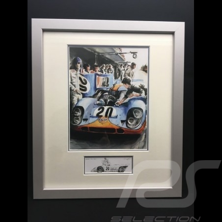 Porsche 917 K Gulf n° 20 Mc Queen Le Mans 1970 wood frame aluminum with black and white sketch Limited edition Uli Ehret - 324