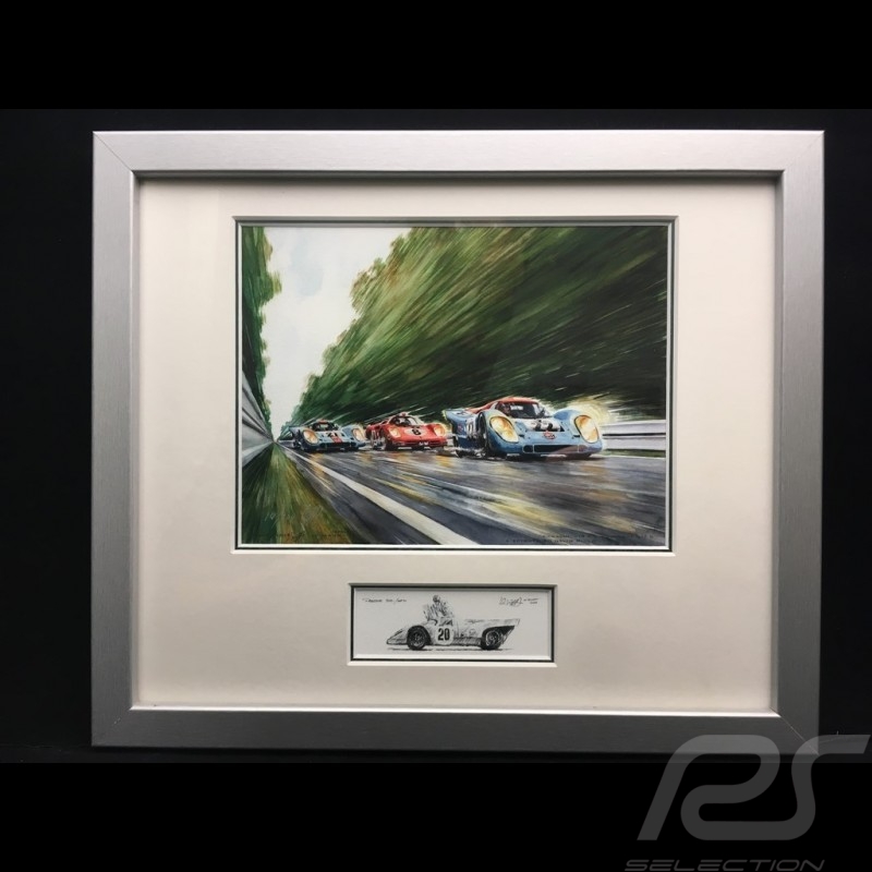 Porsche 917 K Gulf n° 20 et 21 LM im Regen Aluminium Rahmen mit Schwarz-Weiß Skizze Limitierte Auflage Uli Ehret - 111