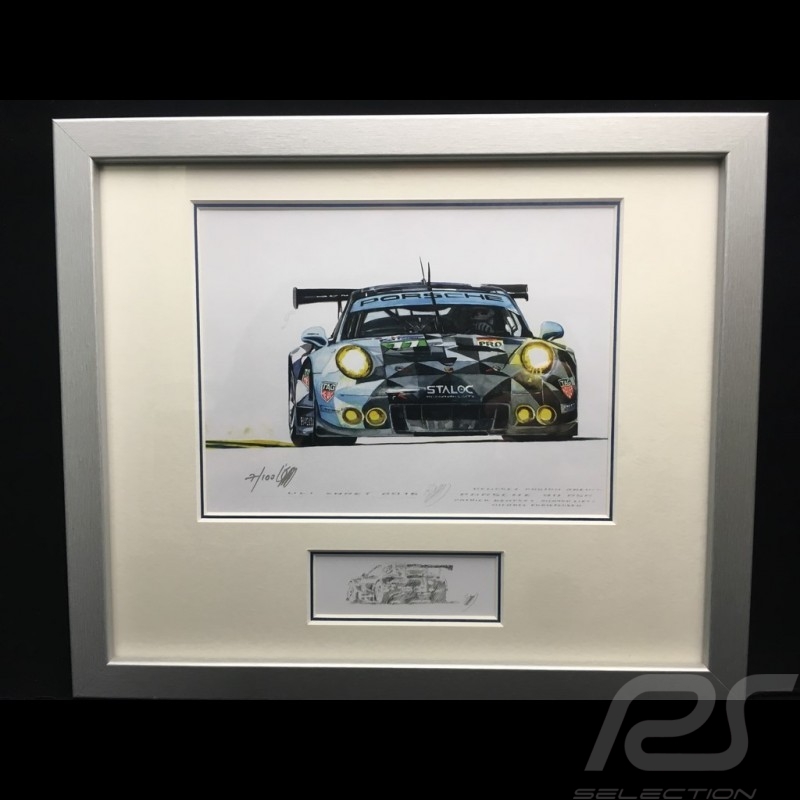 Porsche 991 GT3 RSR n° 77 Dempsey Proton 2016 wood frame aluminum with black and white sketch Limited edition Uli Ehret - 618