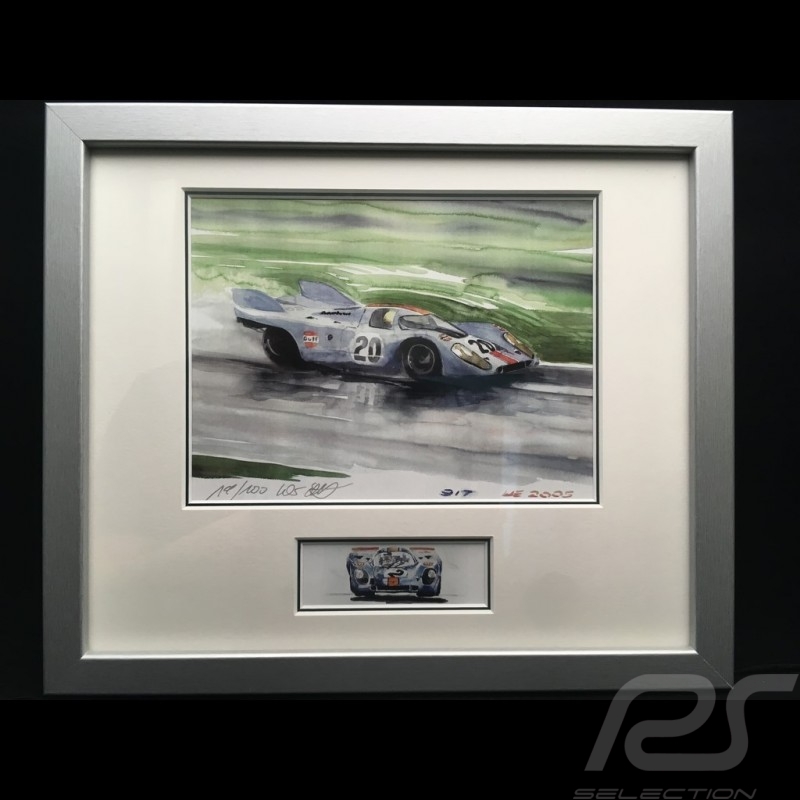 Porsche 917 Gulf n° 20 LM 1970 McQueen Siffert cadre bois alu avec esquisse noir et blanc Edition limitée Uli Ehret - 27