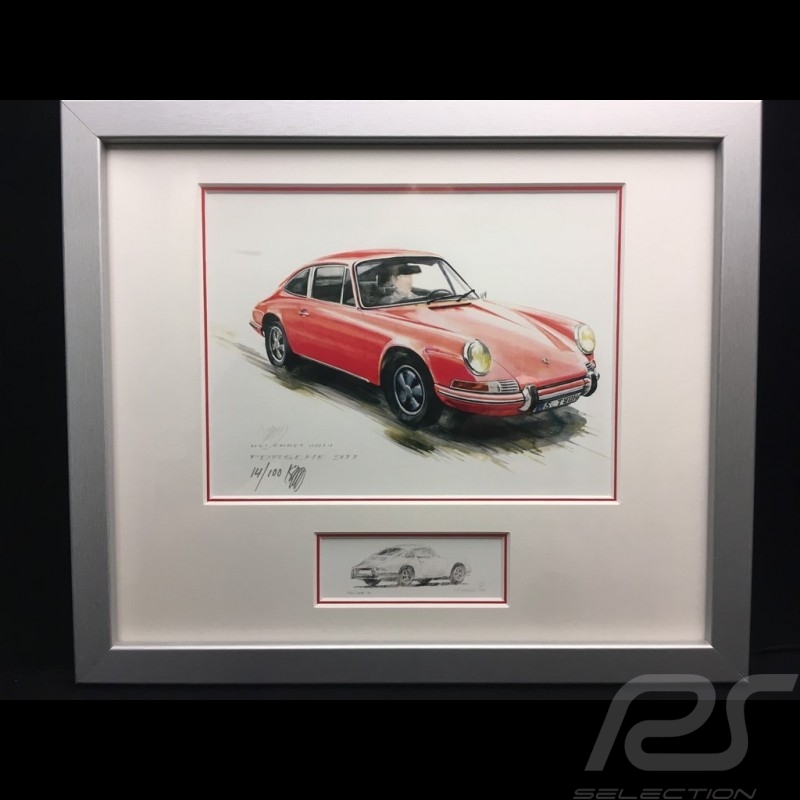 Porsche 911 classical red wood frame aluminum with black and white sketch Limited edition Uli Ehret - 527 rot
