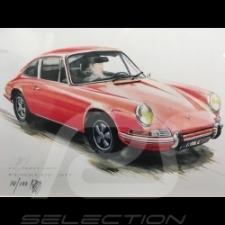 Porsche 911 Classique rouge cadre bois alu avec esquisse noir et blanc Edition limitée Uli Ehret - 527 rot