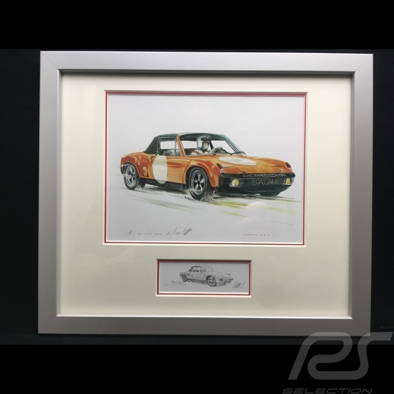 Porsche 911 914 6 Zylinder orange Aluminium Rahmen mit Schwarz-Weiß Skizze Limitierte Auflage Uli Ehret - 247