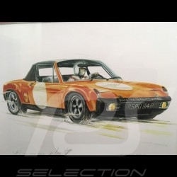 Porsche 911 914 6 cylinders orange wood frame aluminum with black and white sketch Limited edition Uli Ehret - 247
