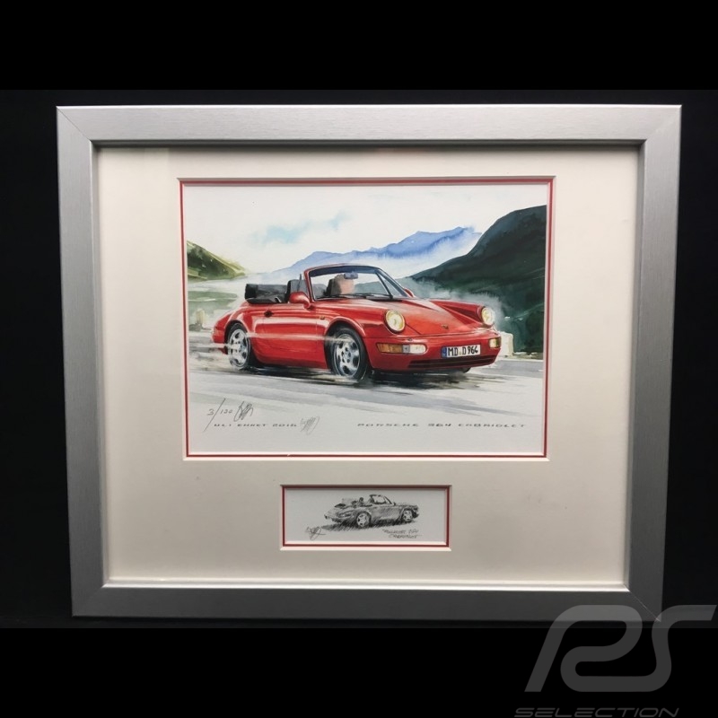 Porsche 911 typ 964 Carrera Cabriolet rot Aluminium Rahmen mit Schwarz-Weiß Skizze Limitierte Auflage Uli Ehret - 598