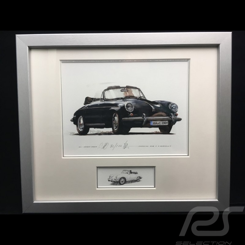 Porsche 356 C Cabriolet noire cadre bois alu avec esquisse noir et blanc Edition limitée Uli Ehret - 139B