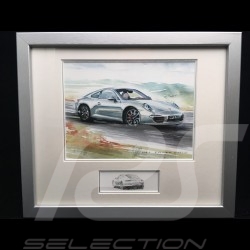 Porsche 911 type 991 Carrera gris argent cadre bois alu avec esquisse noir et blanc Edition limitée Uli Ehret - 593