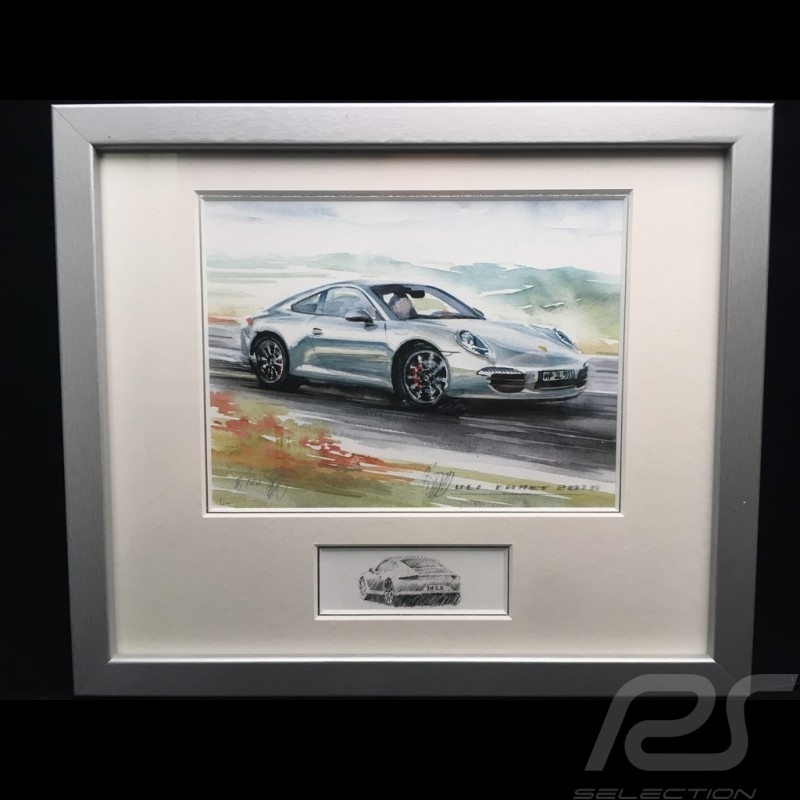 Porsche 911 typ 991 Carrera silber grau  Aluminium Rahmen mit Schwarz-Weiß Skizze Limitierte Auflage Uli Ehret - 139