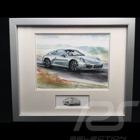 Porsche 911 type 991 Carrera gris argent cadre bois alu avec esquisse noir et blanc Edition limitée Uli Ehret - 593