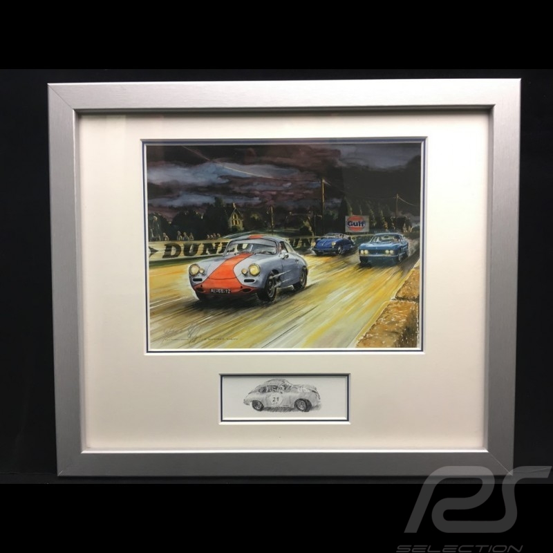 Porsche 356 Gulf im Rennen Aluminium Rahmen mit Schwarz-Weiß Skizze Limitierte Auflage Uli Ehret - 261