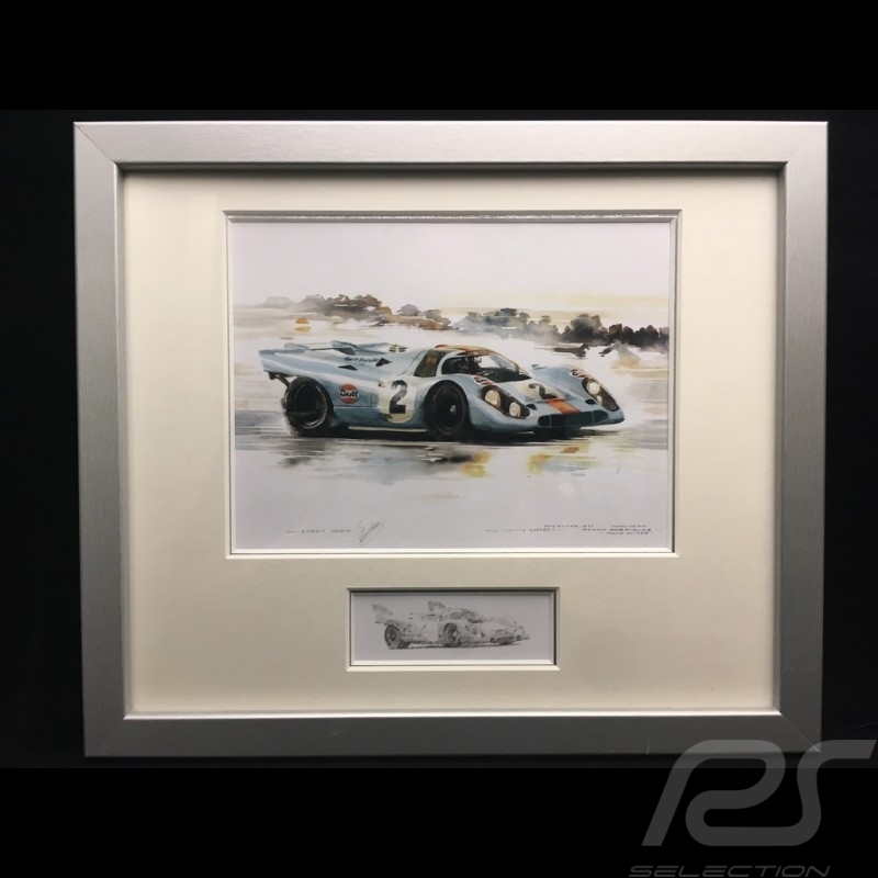 Porsche 917 K Gulf n° 2 Winner 24h Daytona 1971 wood frame aluminum with black and white sketch Limited edition Uli Ehret - 238