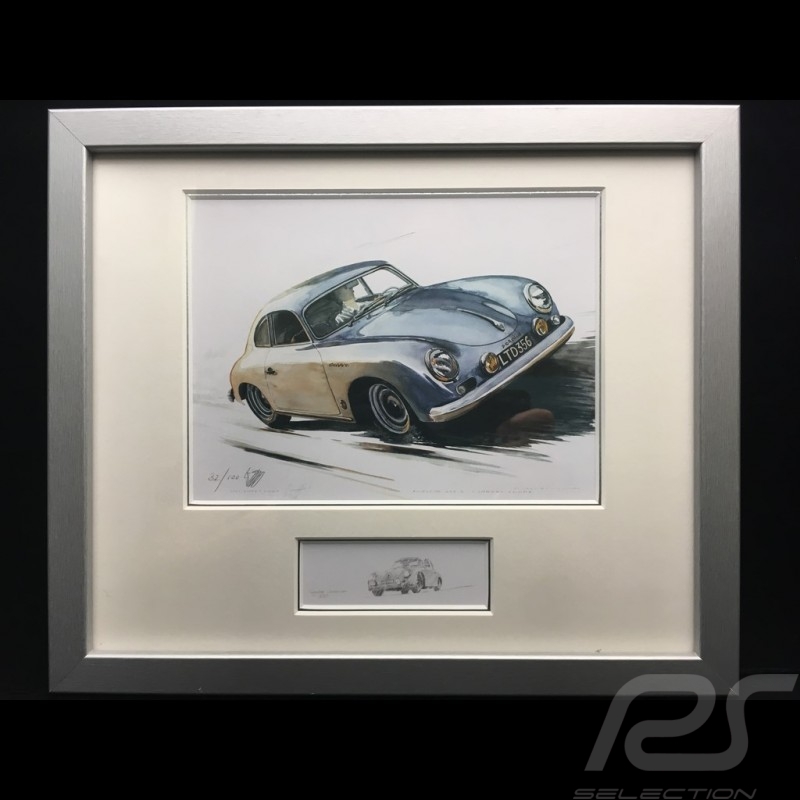 Porsche 356 A Carrera grise grey grau cadre bois alu avec esquisse noir et blanc Edition limitée Uli Ehret - 135