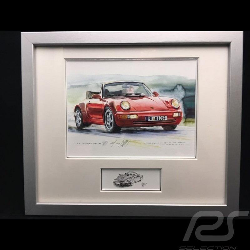 Porsche 911 typ 964 turbo Cabriolet rot Aluminium Rahmen mit Schwarz-Weiß Skizze Limitierte Auflage Uli Ehret - 599