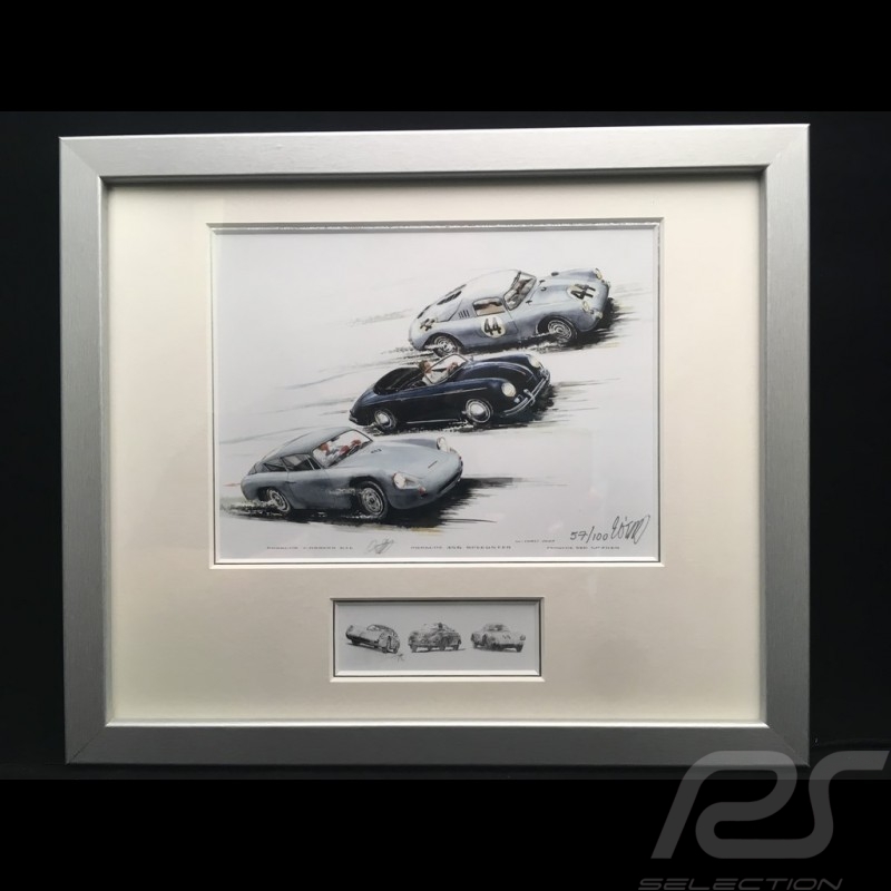 Porsche 356 Carerra Abarth, Speedster and 550 Coupe Aluminium Rahmen mit Schwarz-Weiß Skizze Limitierte Auflage Uli Ehret - 118