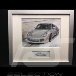 Porsche 996 turbo silver grey wood frame aluminum with black and white sketch Limited edition Uli Ehret - 104B