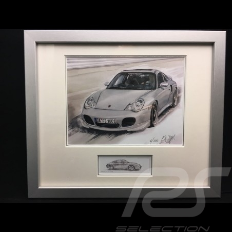 Porsche 996 turbo silver grey wood frame aluminum with black and white sketch Limited edition Uli Ehret - 104B