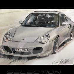 Porsche 996 turbo silver grey wood frame aluminum with black and white sketch Limited edition Uli Ehret - 104B