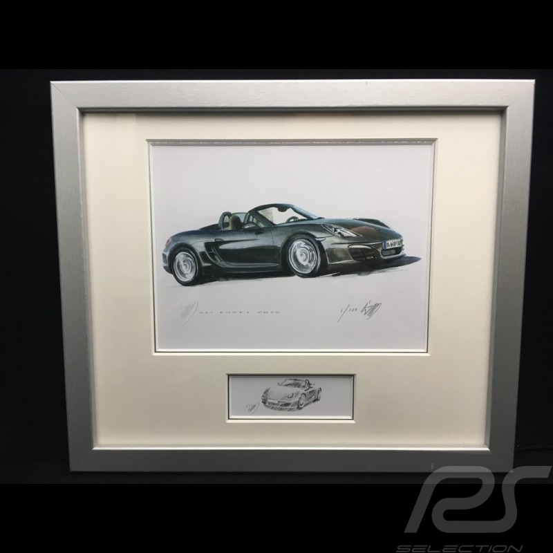 Porsche Boxster  981 schwarz Aluminium Rahmen mit Schwarz-Weiß Skizze Limitierte Auflage Uli Ehret - 545