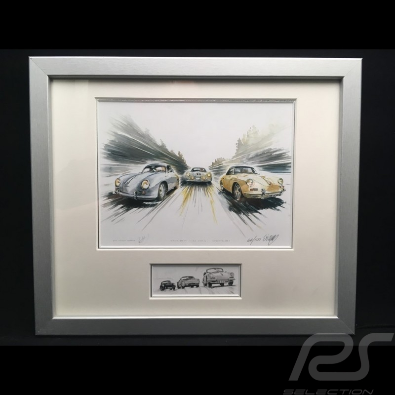 Porsche 356 Carrera / Cabriolet / 356 LM 1951 wood frame aluminum with black and white sketch Limited edition Uli Ehret - 199