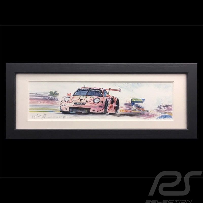 Porsche 991 RSR Cochon rose 24h le Mans 2018 cadre bois noir 20 x 52 cm Edition limitée Uli Ehret - 750