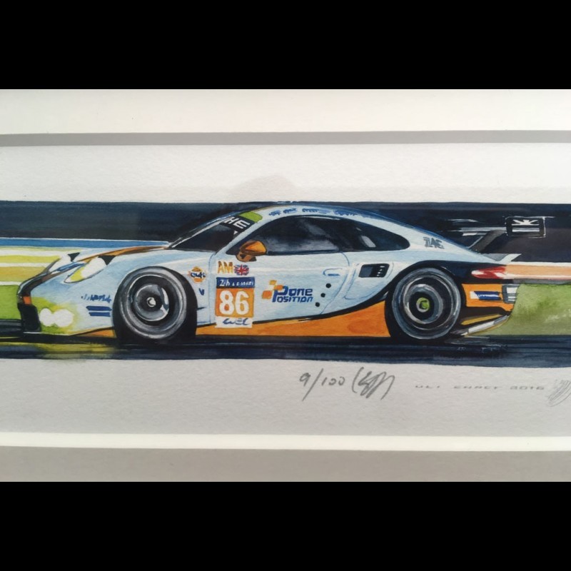 Porsche 991 RSR Gulf Racing 24h le Mans 2018 wood frame black 15 x 35 cm  Limited edition Uli Ehret 750
