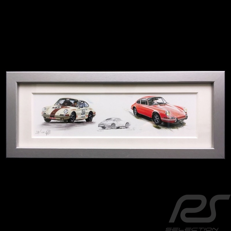 Porsche 911 Classic Straßen- und Rennversionen Alu Holzrahmen 15 x 35 cm Limitierte Auflage Uli Ehret - road + racing versions