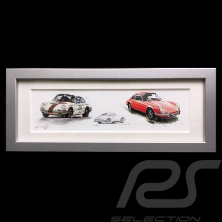 Porsche 911 Classic road + racing versions wood frame alu 15 x 35 cm Limited edition Uli Ehret - 285-527