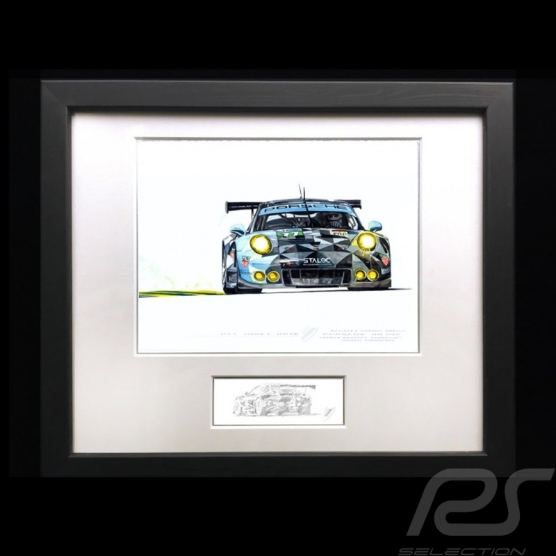 Porsche 991 GT3 RSR n° 77 Dempsey Proton 2016 wood frame aluminum with black and white sketch Limited edition Uli Ehret - 618