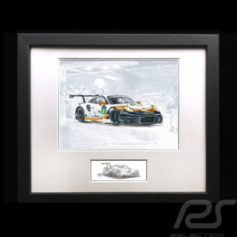 Porsche 991 GT3 RSR n° 91 Le Mans 2019 aluminum frame 40 x 50 cm with black and white sketch Limited edition Uli Ehret - 804 91