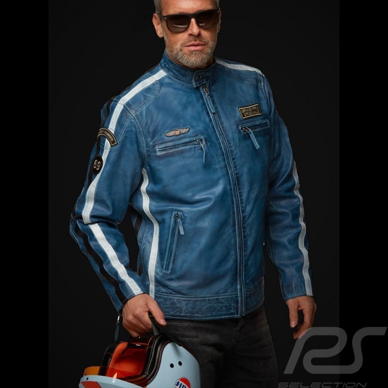 Gulf Lederjacke Lucky Number 69 Racing Team Classic driver blau - Herren