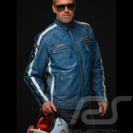Veste cuir Gulf Lucky Number 69 Racing Team Classic pilote Bleu blue blau leather jacket Lederjacke homme men herren